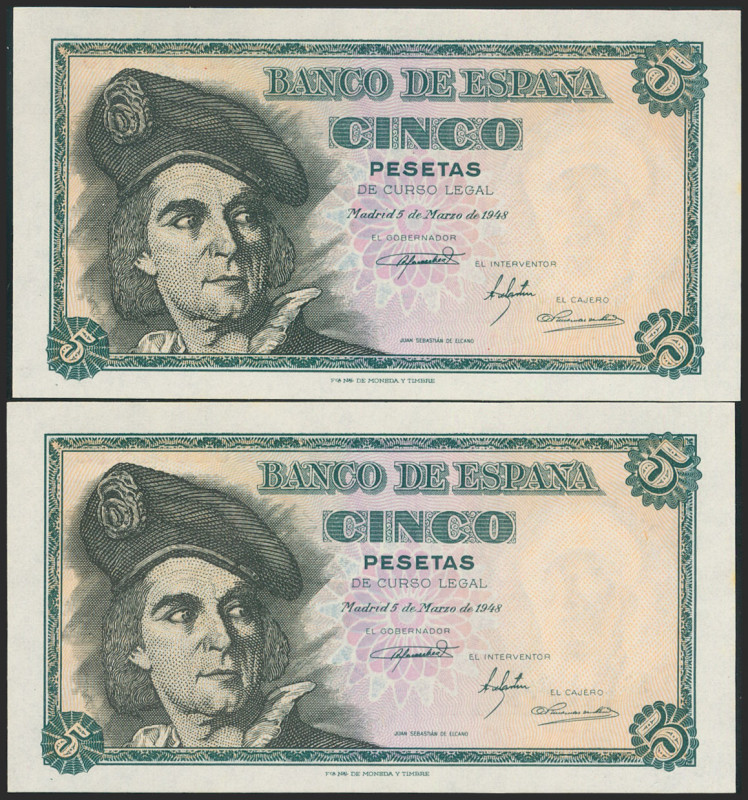 5 Pesetas. 15 de Marzo de 1948. Pareja correlativa. Serie A. (Edifil 2021: 455a)...