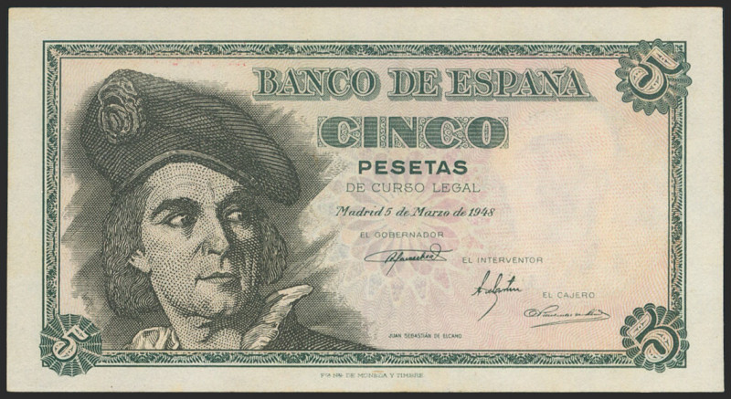 5 Pesetas. 15 de Marzo de 1948. Serie K. (Edifil 2021: 455a). Apresto original. ...