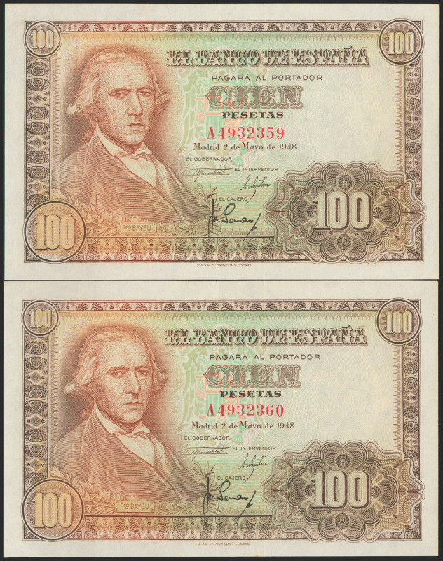 100 Pesetas. 2 de Mayo de 1948. Pareja correlativa. Serie A. (Edifil 2021: 456a)...