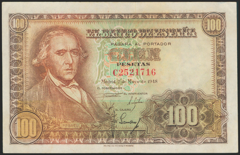 100 Pesetas. 2 de Mayo de 1948. Serie C. (Edifil 2021: 456a). Conserva gran part...