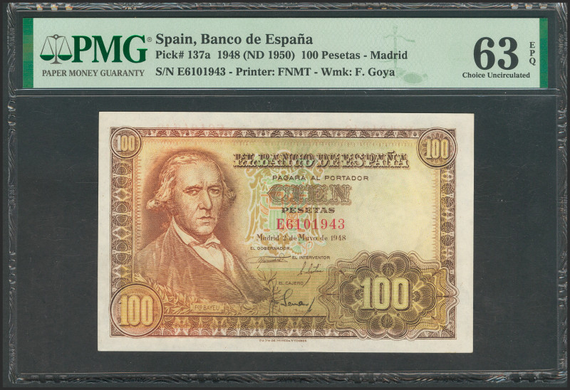 100 Pesetas. 2 de Mayo de 1948. Serie E. (Edifil 2021: 456a). Apresto original. ...