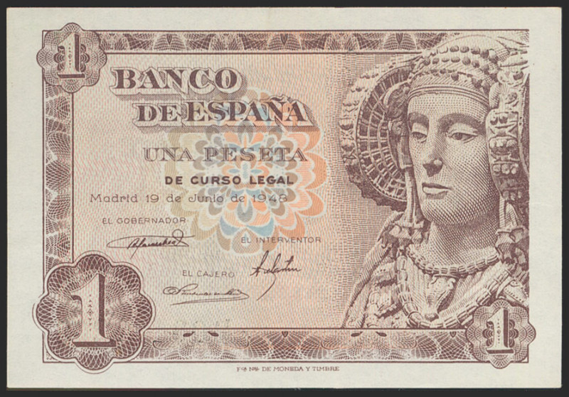 1 Peseta. 19 de Junio de 1948. Serie B. (Edifil 2021: 457a). Apresto original. S...