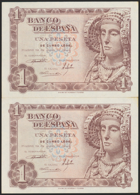 1 Peseta. 19 de Junio de 1948. Pareja correlativa. Serie G. (Edifil 2021: 457a)....