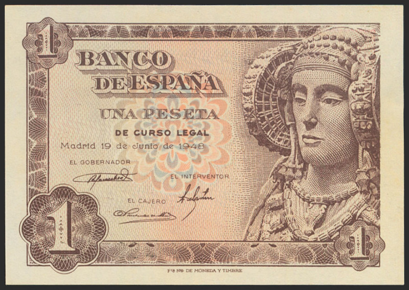 1 Peseta. 19 de Junio de 1948. Serie K. (Edifil 2021: 457a). Apresto original. S...