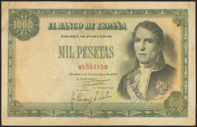 1000 Pesetas. 4 de Noviembre de 1949. Sin serie. (Edifil 2021: 458). BC.