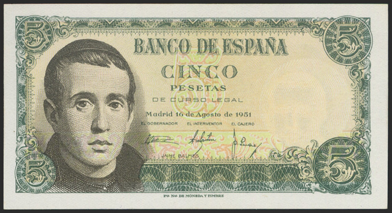 5 Pesetas. 16 de Agosto de 1951. Serie E. (Edifil 2021: 459a). Apresto original....