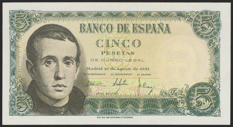 5 Pesetas. 16 de Agosto de 1951. Serie E. (Edifil 2021: 459a). Conserva gran par...