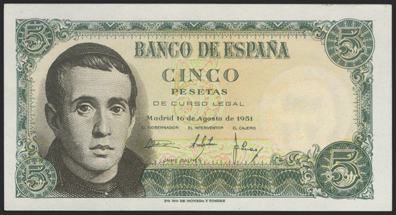 5 Pesetas. 16 de Agosto de 1951. Serie F. (Edifil 2021: 459a). Apresto original....