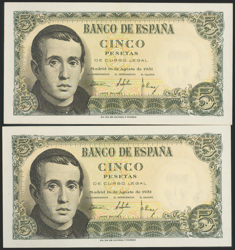 5 Pesetas. 16 de Agosto de 1951. Pareja correlativa. Serie 1C. (Edifil 2021: 459...