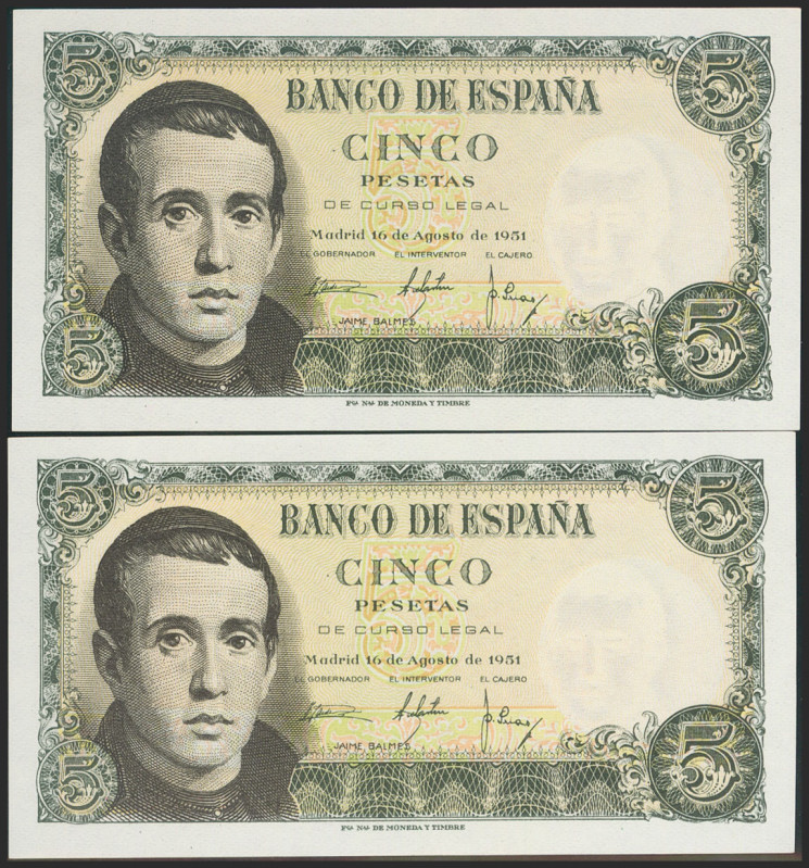 5 Pesetas. 16 de Agosto de 1951. Pareja correlativa. Serie 1E. (Edifil 2021: 459...