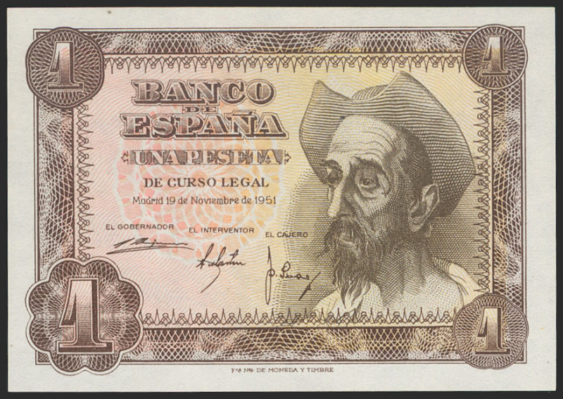 1 Peseta. 19 de Noviembre de 1951. Sin serie. (Edifil 2021: 461). Apresto origin...