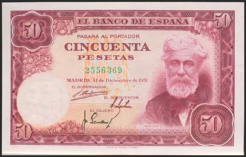 50 Pesetas. 31 de Diciembre de 1951. Sin serie. (Edifil 2021: 462). Conserva gra...