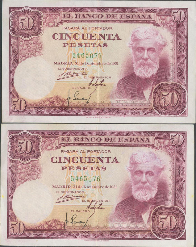 50 Pesetas. 31 de Diciembre de 1951. Pareja correlativa. Sin serie. (Edifil 2021...