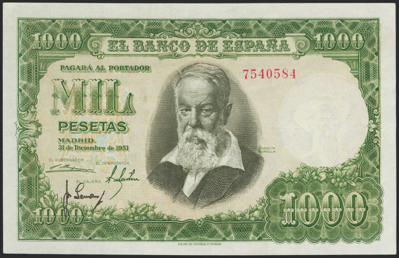 1000 Pesetas. 31 de Diciembre de 1951. Sin serie. (Edifil 2021: 463). Conserva p...