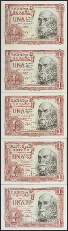 Conjunto de 5 billetes correlativos de 1 Peseta emitidos el 22 de Julio de 1953 ...