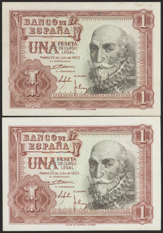 1 Peseta. 22 de Julio de 1953. Pareja correlativa. Serie I. (Edifil 2021: 465a)....