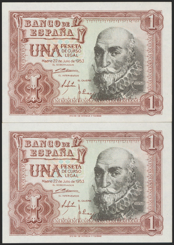 1 Peseta. 22 de Julio de 1953. Pareja correlativa. Serie Y. (Edifil 2021: 465a)....