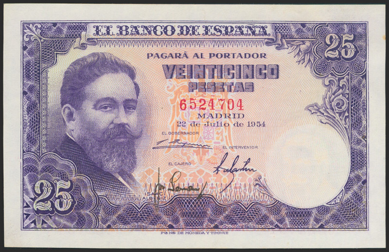 25 Pesetas. 22 de Julio de 1954. Sin serie. (Edifil 2021: 467). Conserva gran pa...