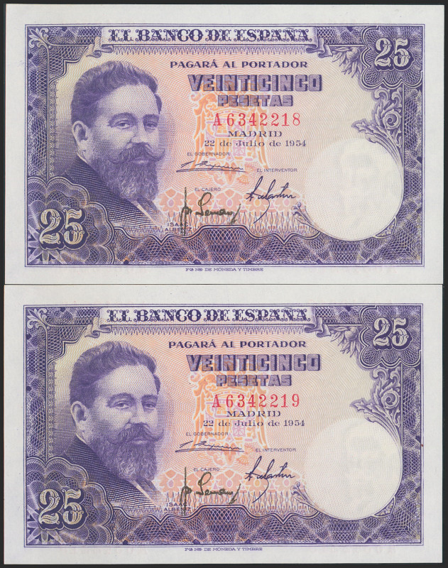 25 Pesetas. 22 de Julio de 1954. Pareja correlativa. Serie A. (Edifil 2021: 467a...