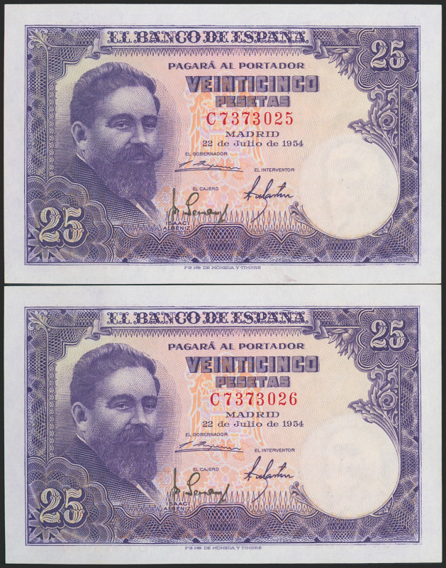 25 Pesetas. 22 de Julio de 1954. Pareja correlativa. Serie C. (Edifil 2021: 467a...