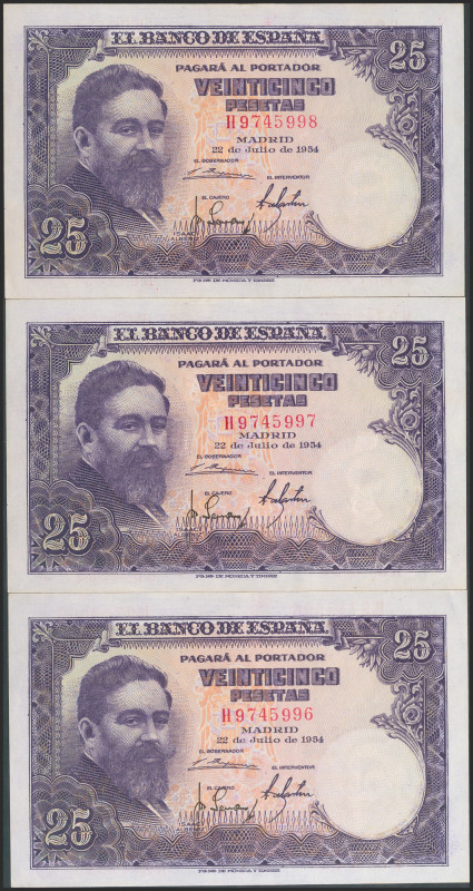 25 Pesetas. 22 de Julio de 1954. Trío correlativo. Serie H. (Edifil 2017: 467a)....