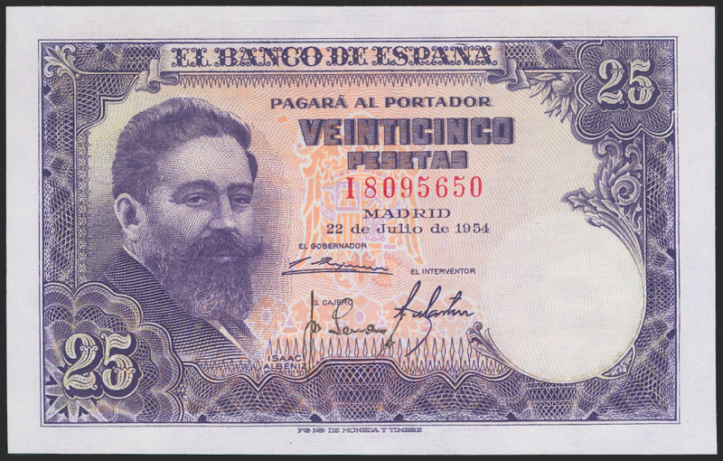 25 Pesetas. 22 de Julio de 1954. Serie I. (Edifil 2021: 467a). Apresto original....