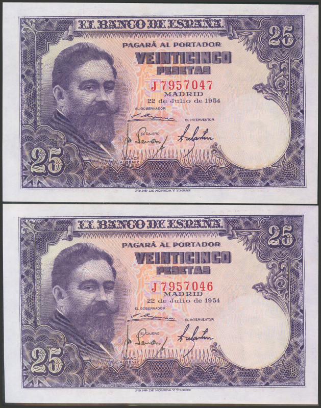 25 Pesetas. 22 de Julio de 1954. Pareja correlativa. Serie J. (Edifil 2017: 467a...