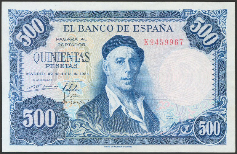 500 Pesetas. 22 de Julio de 1954. Serie K. (Edifil 2017: 468b). Conserva todo su...