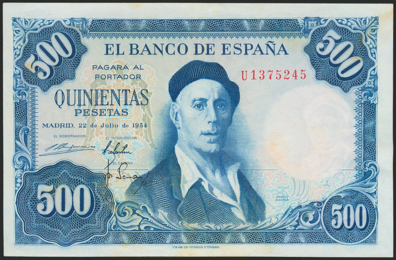 500 Pesetas. 22 de Julio de 1954. Serie U. (Edifil 2021: 468b). Conserva gran pa...