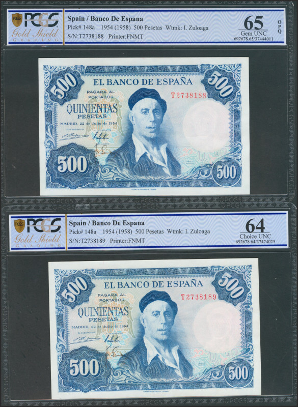 500 Pesetas. 22 de Julio de 1954. Pareja correlativa. Serie T. (Edifil 2021: 468...