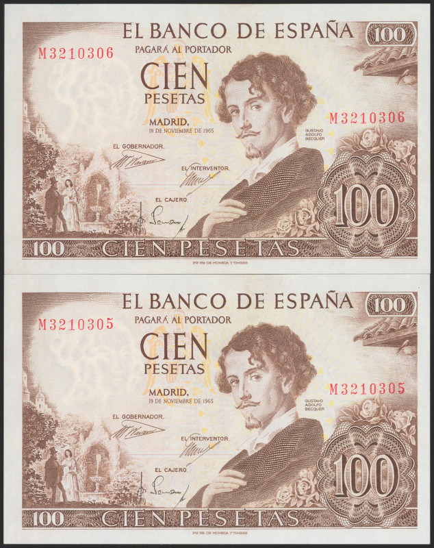 100 Pesetas. 19 de Noviembre de 1965. Pareja correlativa. Serie M. (Edifil 2021:...