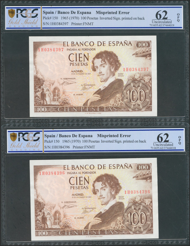 100 Pesetas. 19 de Noviembre de 1970. Pareja correlativa. Serie 1H y firma del c...