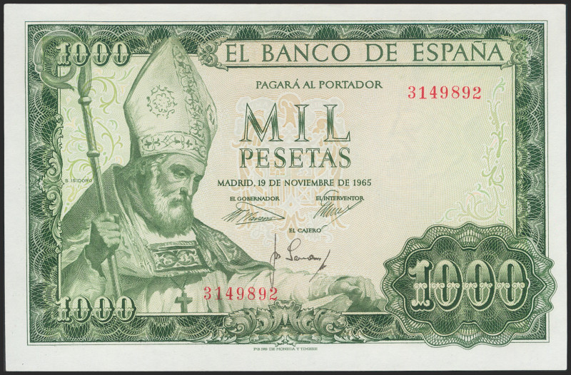 1000 Pesetas. 19 de Noviembre de 1965. Sin serie. (Edifil 2017: 471). Apresto or...