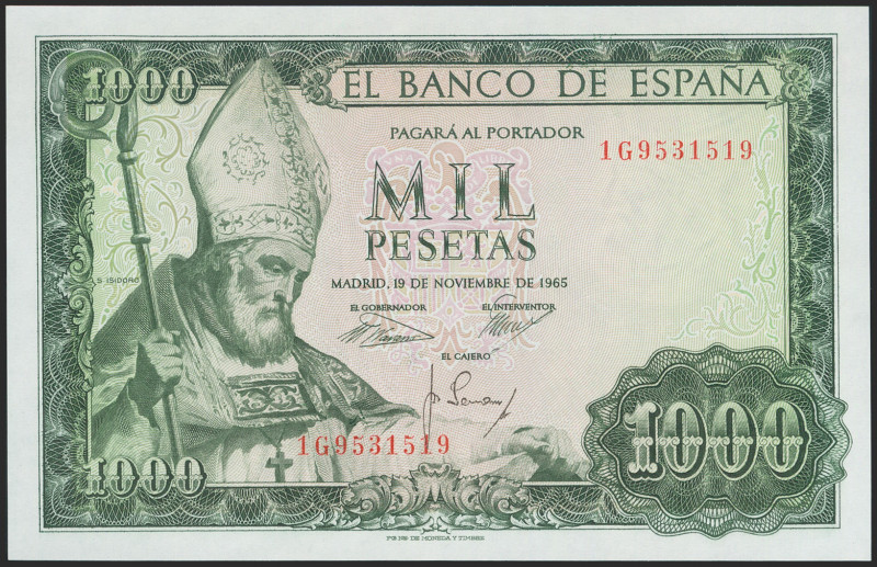 1000 Pesetas. 19 de Noviembre de 1965. Serie 1G. (Edifil 2021: 471b). Apresto or...