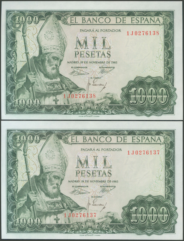 1000 Pesetas. 19 de Noviembre de 1965. Pareja correlativa. Serie 1J. (Edifil 201...