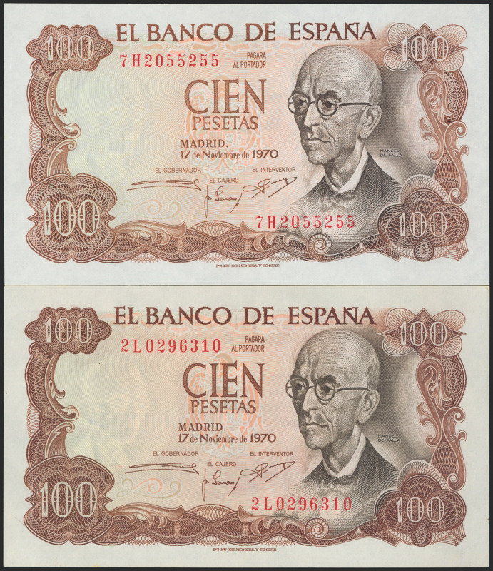 Conjunto de 2 billetes de 100 Pesetas emitidos el 17 de Noviembre de 1970, con l...