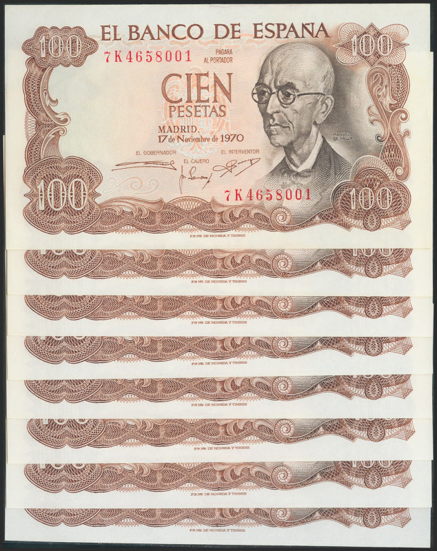 Conjunto de 8 billetes de 100 Pesetas emitidos el 17 de Noviembre de 1970, todos...