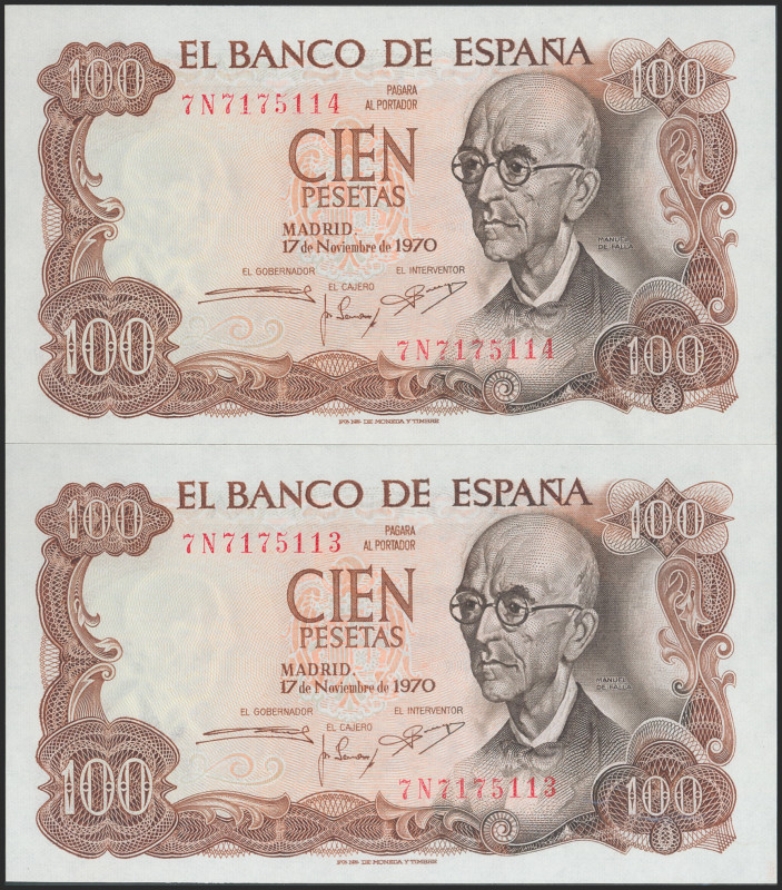 100 Pesetas. 17 de Noviembre de 1970. Pareja correlativa. Serie 7N. (Edifil 2021...