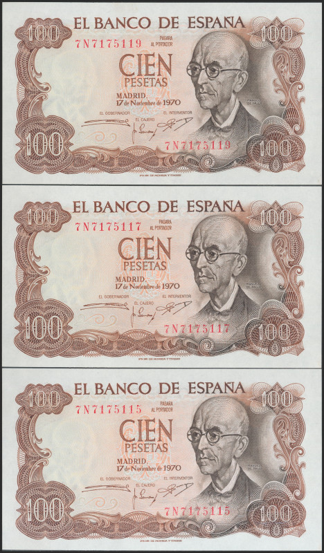 100 Pesetas. 17 de Noviembre de 1970. Trío correlativo. Serie 7N. (Edifil 2021: ...