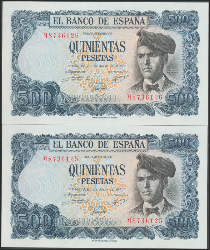 500 Pesetas. 23 de Noviembre de 1971. Pareja correlativa. Serie M. (Edifil 2017:...