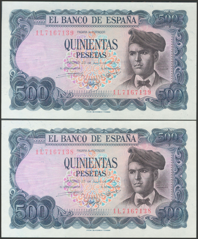 500 Pesetas. 23 de Julio de 1971. Pareja correlativa. Tonalidad muy rosácea. Ser...