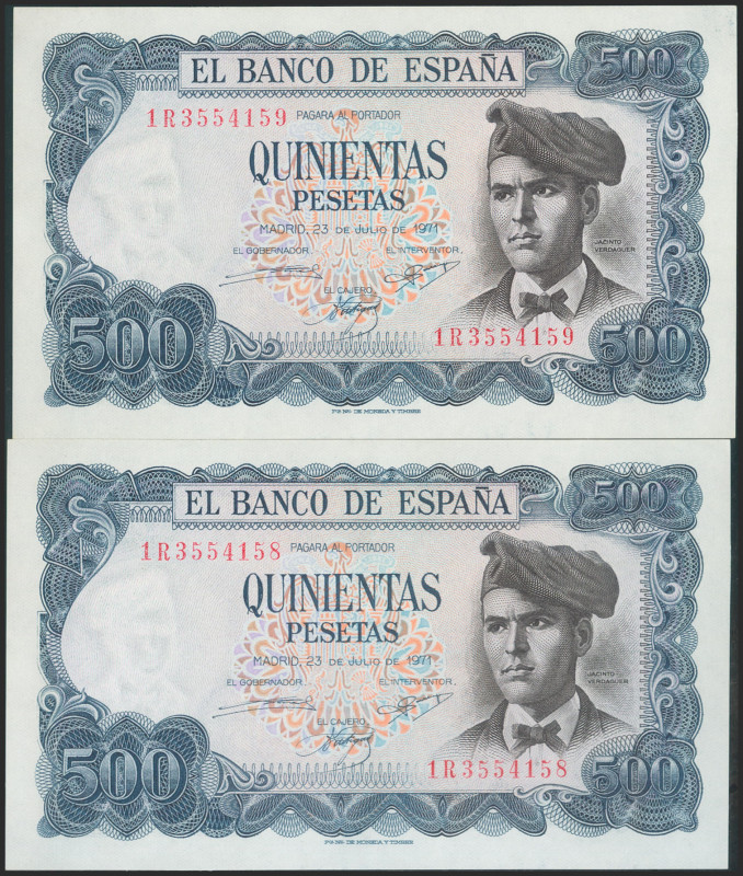 500 Pesetas. 23 de Julio de 1971. Pareja correlativa. Serie 1R, última serie emi...