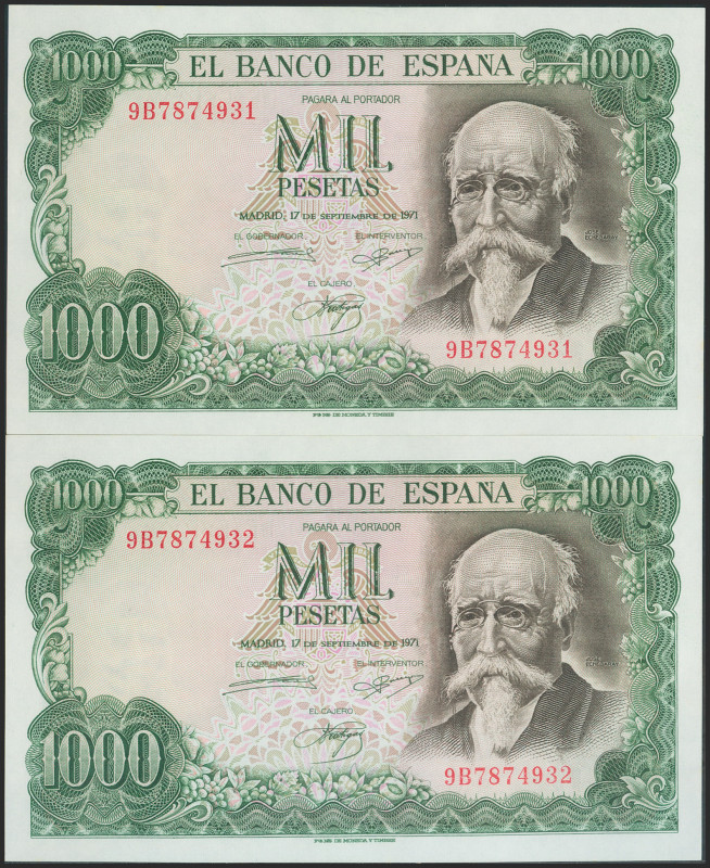 1000 Pesetas. 17 de Septiembre de 1971. Pareja correlativa. Serie especial 9B. (...