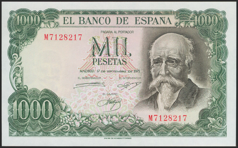 1000 Pesetas. 17 de Septiembre de 1971. Serie M. (Edifil 2021: 474b). Apresto or...