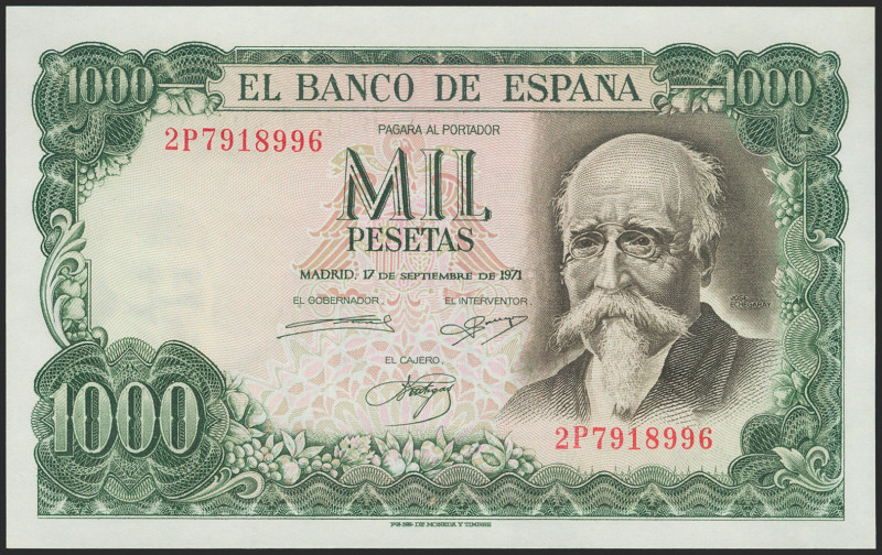 1000 Pesetas. 17 de Septiembre de 1971. Serie 2P. (Edifil 2021: 474c). Conserva ...