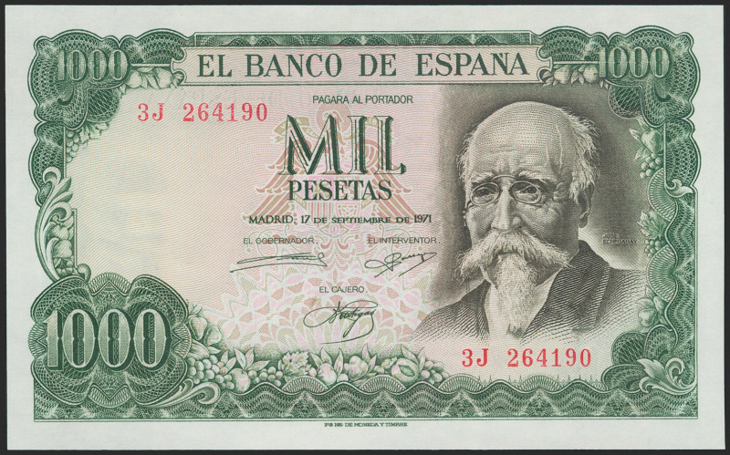 1000 Pesetas. 17 de Septiembre de 1971. Serie 3J. (Edifil 2021: 474c). Apresto o...