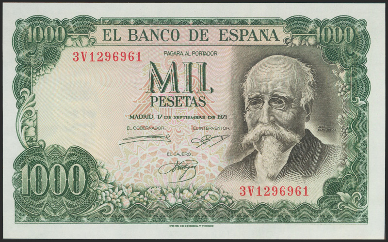 1000 Pesetas. 17 de Septiembre de 1971. Serie 3V. (Edifil 2021: 474c). Apresto o...