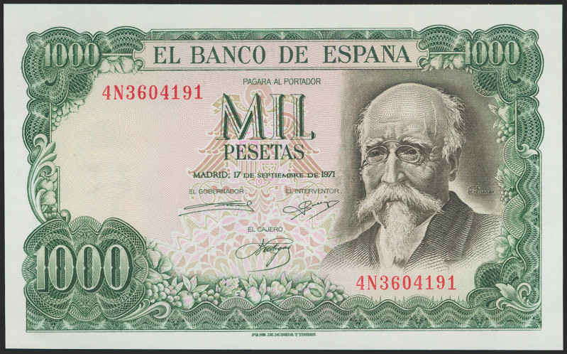 1000 Pesetas. 17 de Septiembre de 1971. Serie 4N. (Edifil 2021: 474c). Apresto o...