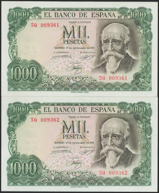 1000 Pesetas. 17 de Septiembre de 1971. Pareja correlativa. Serie 5Q. (Edifil 20...