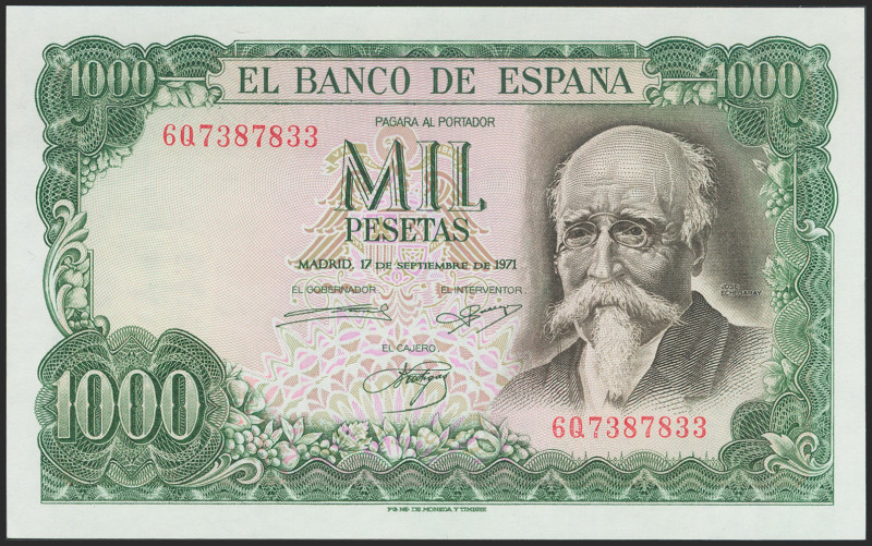 1000 Pesetas. 17 de Septiembre de 1971. Serie 6Q. (Edifil 2021: 474c). Apresto o...